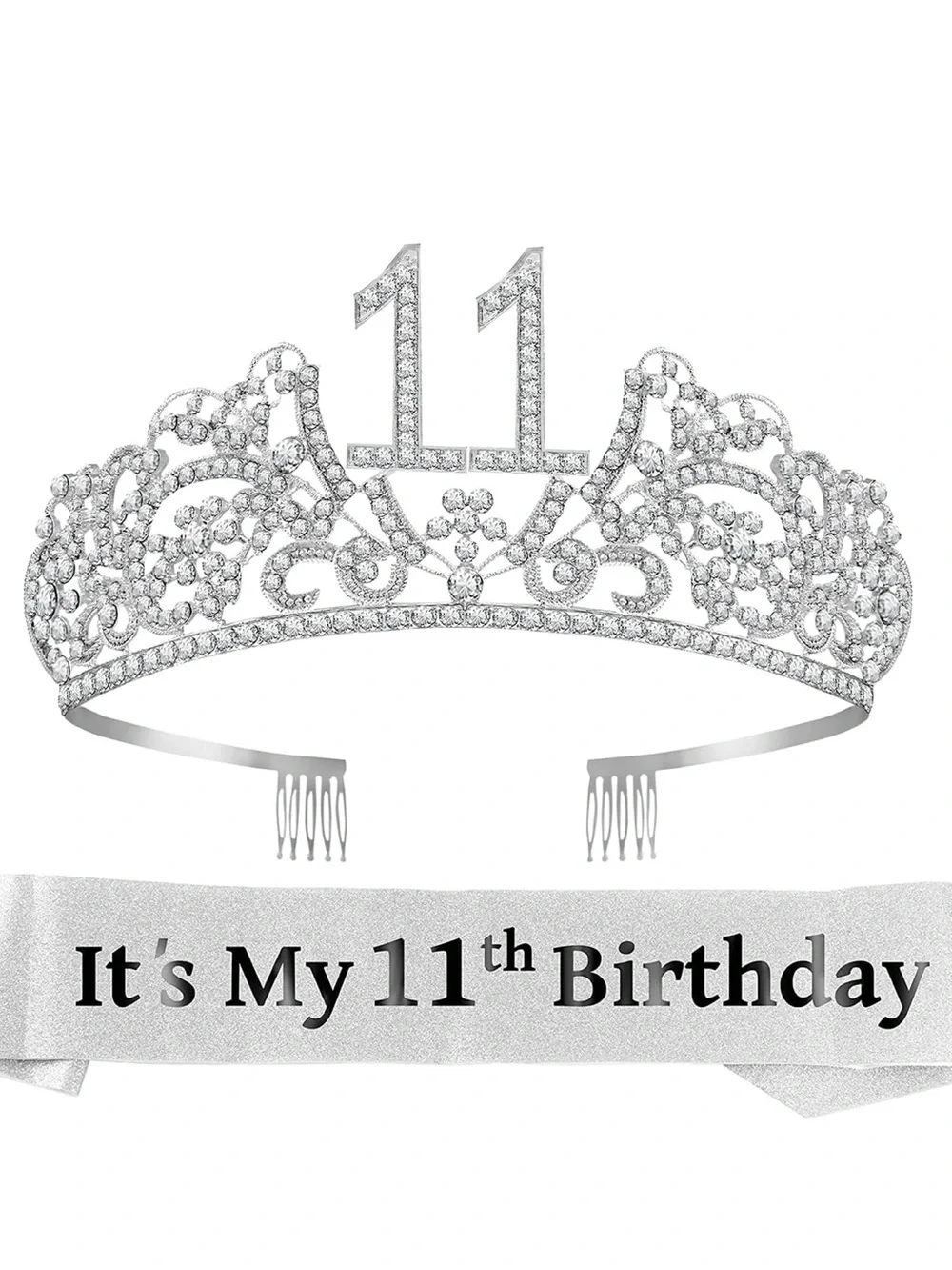 11th Birthday Silver Rhinestone Tiara Headband for Kids